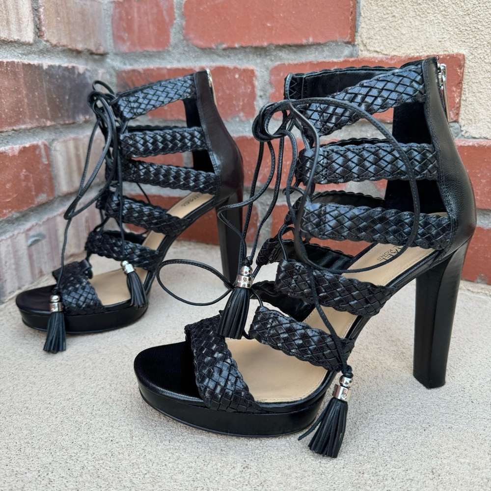MICHAEL KORS “MONTEREY” Leather Weave, Back Zip Sandal in Black Sz 9